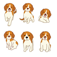 Cute Beagle dog doodle. Collection in different poses in free hand drawing vector illustration style.