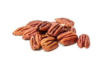 Peeled pecan nuts isolated on a white background. Heap of pecan halves
