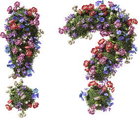 Flower Symbols Exclamation Mark and Question Sign. Garden floral and plants font Isolated on transparent background. 3D render