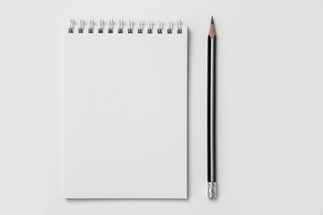 Planning, business, office work, stationery, or an education concept: on top is an image of an open notebook with a blank page, ready for addition or layout. flatlay. Minimalism