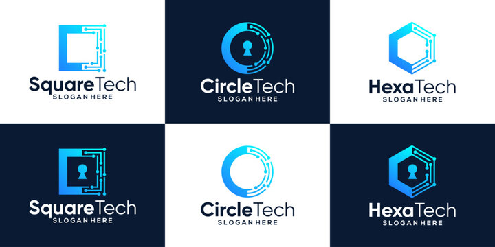 Collection of technology connection logo design with abstract dot, Blockchain, molecule and system and key hole graphic design vector illustration. Security technology symbol, icon, creative.