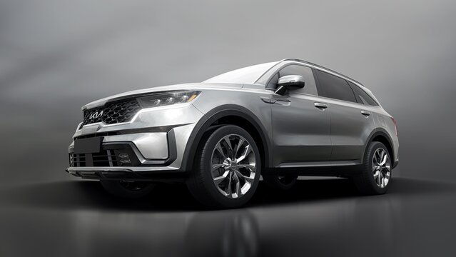 Dallas, USA. April 28, 2023. KIA Sorento 2022. Grey mid-size SUV for family and work on a black background. 3d rendering