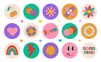 Groovy hippie 70s set. Funny cartoon flower, rainbow, peace, Love, heart, daisy, mushroom etc. Sticker pack in trendy retro psychedelic cartoon style. Isolated vector illustration. Flower power.