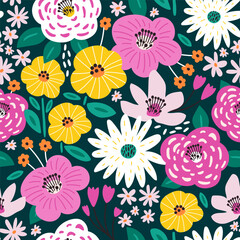 Seamless floral fashion pattern. Botanical pink flowers spring texture for fabric, textile. Vector illustration - 599181817