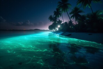 Fototapeta na wymiar vacation beach palm tree ocean sky luminous tropical blue night paradise. Generative AI.