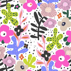 Seamless floral blossom pattern. Bold Botanical texture with modern abstract flowers for fabric, textile. Vector illustration