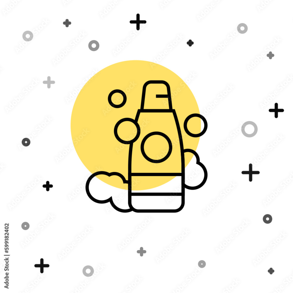 Poster black line bottle of shampoo icon isolated on white background. random dynamic shapes. vector