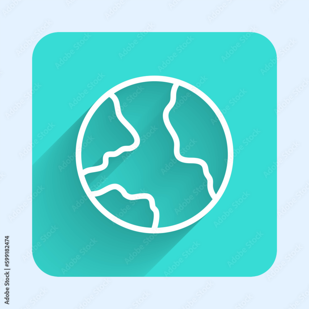 Poster white line worldwide icon isolated with long shadow background. pin on globe. green square button. v