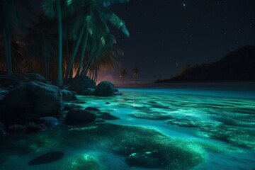 Fototapeta na wymiar beach ocean paradise palm night tropical blue sky tree luminous vacation. Generative AI.