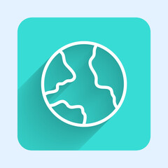 White line Worldwide icon isolated with long shadow background. Pin on globe. Green square button. Vector