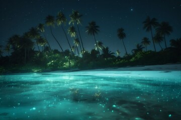 Fototapeta na wymiar tropical luminous paradise blue vacation sky night tree beach palm ocean. Generative AI.