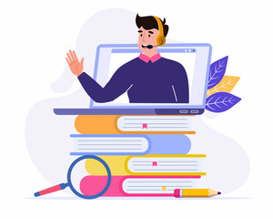 Male teacher conduct lessons online concept of Webinar, digital classroom, online teaching