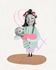 Contemporary art collage with happy woman, mother holding her little baby and smiling over white background. Mother's love
