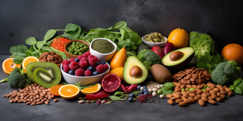 Healthy food clean eating selection: fruit, vegetable, seeds, superfood, cereal, leaf vegetable on gray concrete background, generative AI