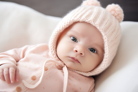 Baby with a wool hat. generate by ai