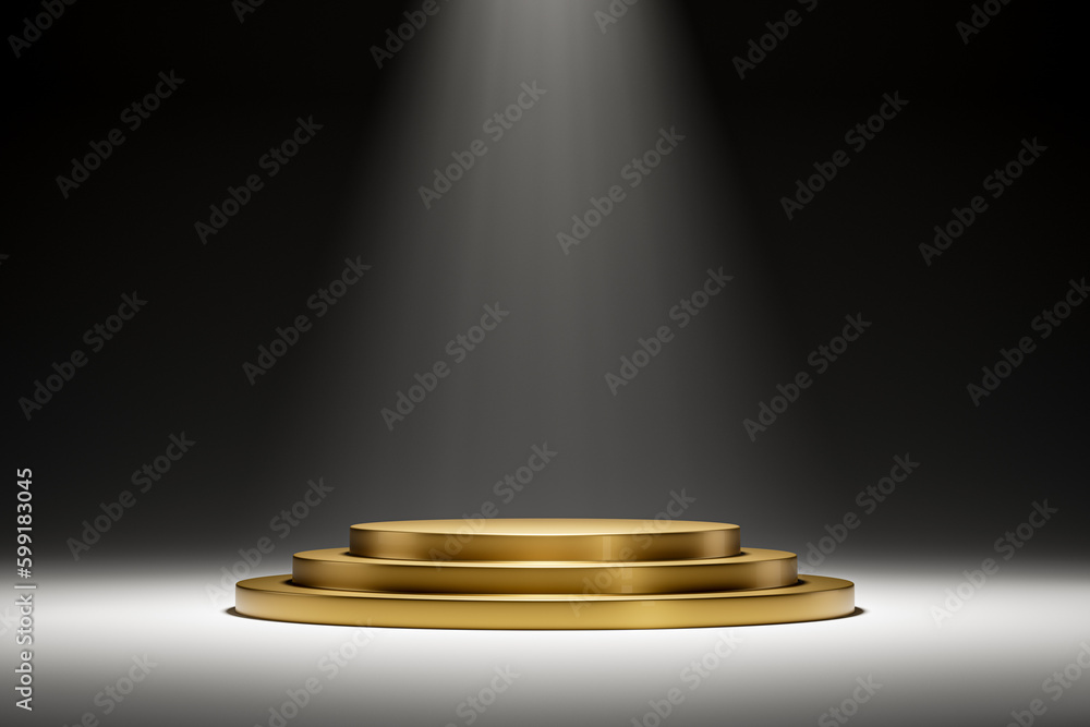 Wall mural 3d presentation pedestal illuminated by ray of spot light. 3d rendering of mockup of presentation po