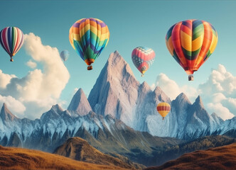 A Colorful Hot Air Balloons Floating Serenely Amidst the Breathtaking Mountain Views and Beautiful Cloudy Sky with Amazing Display of Colors and Light