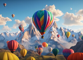 Fototapeta premium A Colorful Hot Air Balloons Floating Serenely Amidst the Breathtaking Mountain Views and Beautiful Cloudy Sky with Amazing Display of Colors and Light