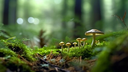 Nature's green beauty enhanced by bokeh and mushrooms
