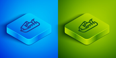 Isometric line Viking head icon isolated on blue and green background. Square button. Vector