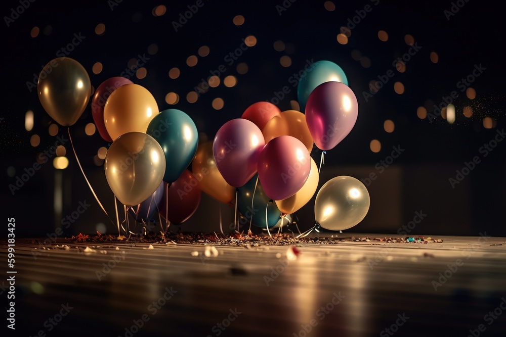 Poster a swarm of balloons that are now resting on a table generative ai