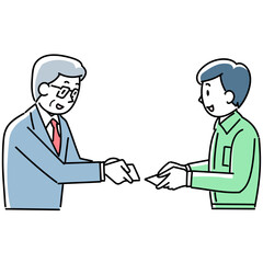 名刺交換をする作業服の男性とスーツ姿の男性