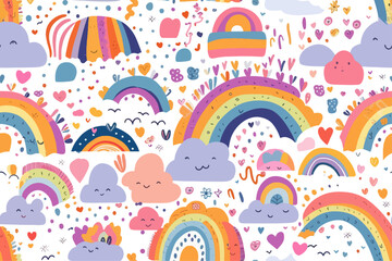 Bright rainbows clouds child doodle style seamless vector illustration