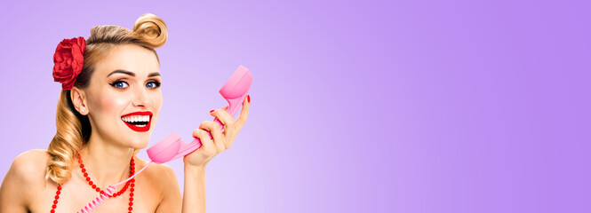 Portrait image - excited happy smile, cheerful woman hold phone, say, talk. Pin up girl open mouth....