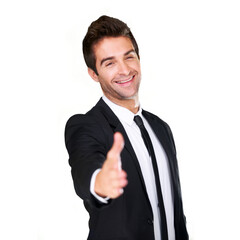 Extended handshake, portrait and business man hand for deal or partnership. Professional male model happy to shake hands for HR agreement, thank you or hiring isolated on a white background in studio