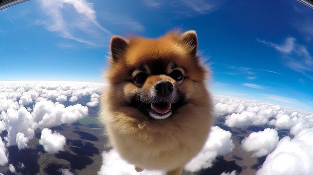 Selfie dog floating breathtaking in beautiful style on panoramic background. Nature beauty.