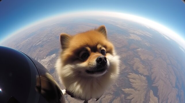 Selfie dog floating breathtaking in beautiful style on panoramic background. Nature beauty.