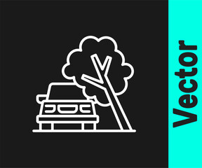 White line Car damaged by fallen tree icon isolated on black background. Auto insurance case. Car crash with tree, road accident. Vector