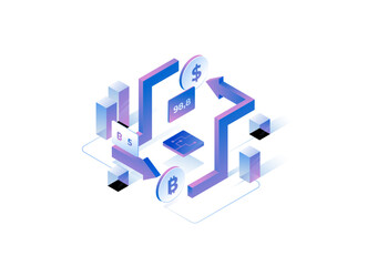 Isometric Crypto Currency Cryptocurrency Illustration Blockchain trading investment conversion security NFT Wallet Game Music Movie Product Digital Mining Technology IOT IT