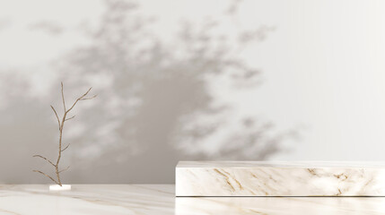 marble shelving shelving marble wall shelving luxury shelf silhouette of trees reflected from the background interior design 3d illustration sunlight
