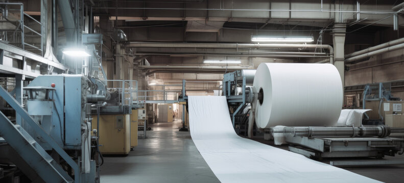 Inside a paper mill or paper production factory.
A big roll of paper in production at a paper production plant. Hand edited generative AI.