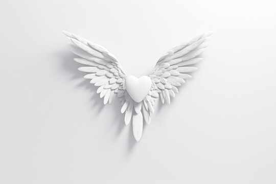 A pristine white heart with iridescent wings, creating a sense of pure elegance and grace on a blank canvas. generative AI.