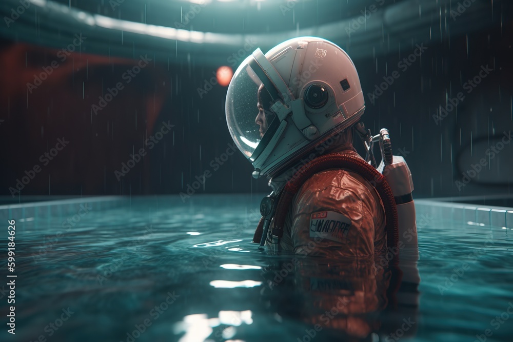 Poster a someone dressed in a spacesuit may be seen floating in a body of water. generative ai