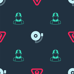 Set Fire flame in triangle, Ringing alarm bell and Firefighter on seamless pattern. Vector