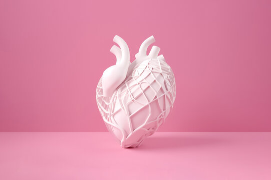 A lifelike 3D rendering of a human heart, complete with all its valves and chambers, against a stark pink pastel background. generative AI.