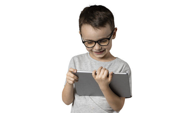Happy child boy  holding a tablet on png background
