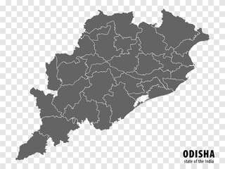 Blank map State  Odisha of India. High quality map Odisha with municipalities on transparent background for your web site design, logo, app, UI. Republic of India.  EPS10.