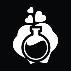 Love chemistry, love reaction in flat design on black background. Beaker, test tube with flying hearts. Valentine’s Day concept. Design for greeting card, poster, banner.