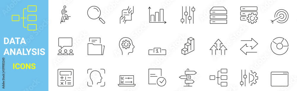 Poster set of 24 data analysis icon template for graphic and web design collection. big data, processing, p
