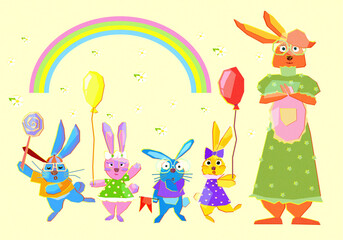 Vector cover. Cute rabbit family. cute animals. modern flat style. Cartoon style. cover, clipart, background, stickers.