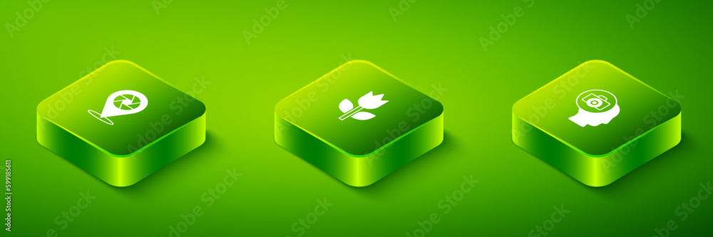 Poster set isometric photo mode macro, camera and camera shutter icon. vector