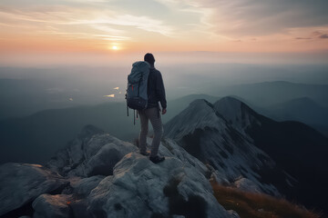 Obraz premium Young man standing on top of cliff in summer mountains at sunset and enjoying view , AI
