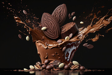 Splashing and levitation chocolate pieces and candies on black background, crushed cocoa powder carob or cocoa beans - obrazy, fototapety, plakaty