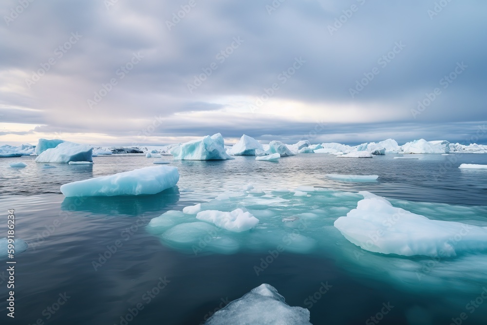 Poster a collection of icebergs that are floating on the surface of a body of water Generative AI
