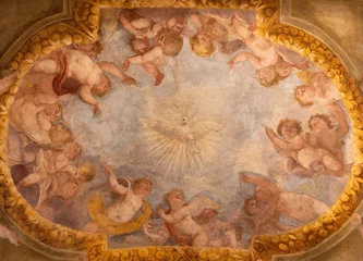 Fotobehang GENOVA, ITALY - MARCH 7, 2023: The baroque fresco of Holy Spirit among the angels in the church Basilica di Santa Maria delle Vigne from 18. cent. © Renáta Sedmáková