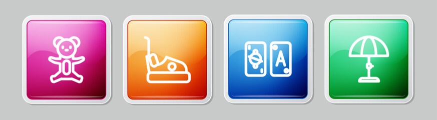 Set line Teddy bear plush toy, Bumper car, Tarot cards and Sun protective umbrella. Colorful square button. Vector